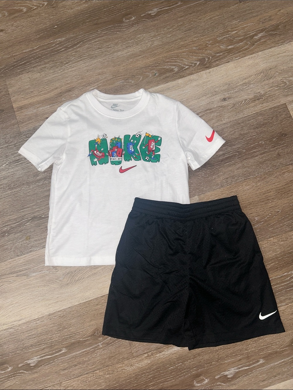 NEW Nike White Graphic Tee with Black Athletic Shorts - Kids